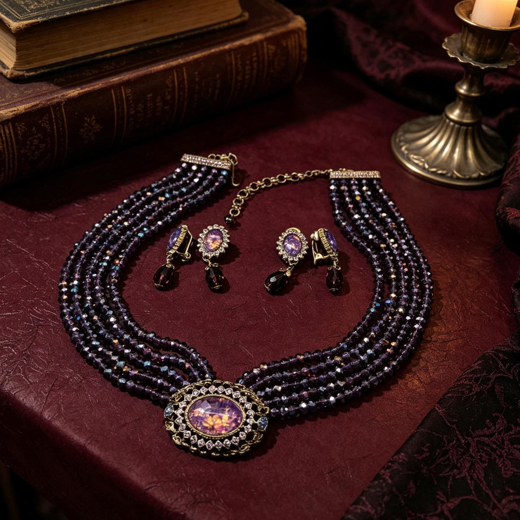 Victorian Widow Gothic Necklace Purple Crystal Opal Pendant For Duchess Style