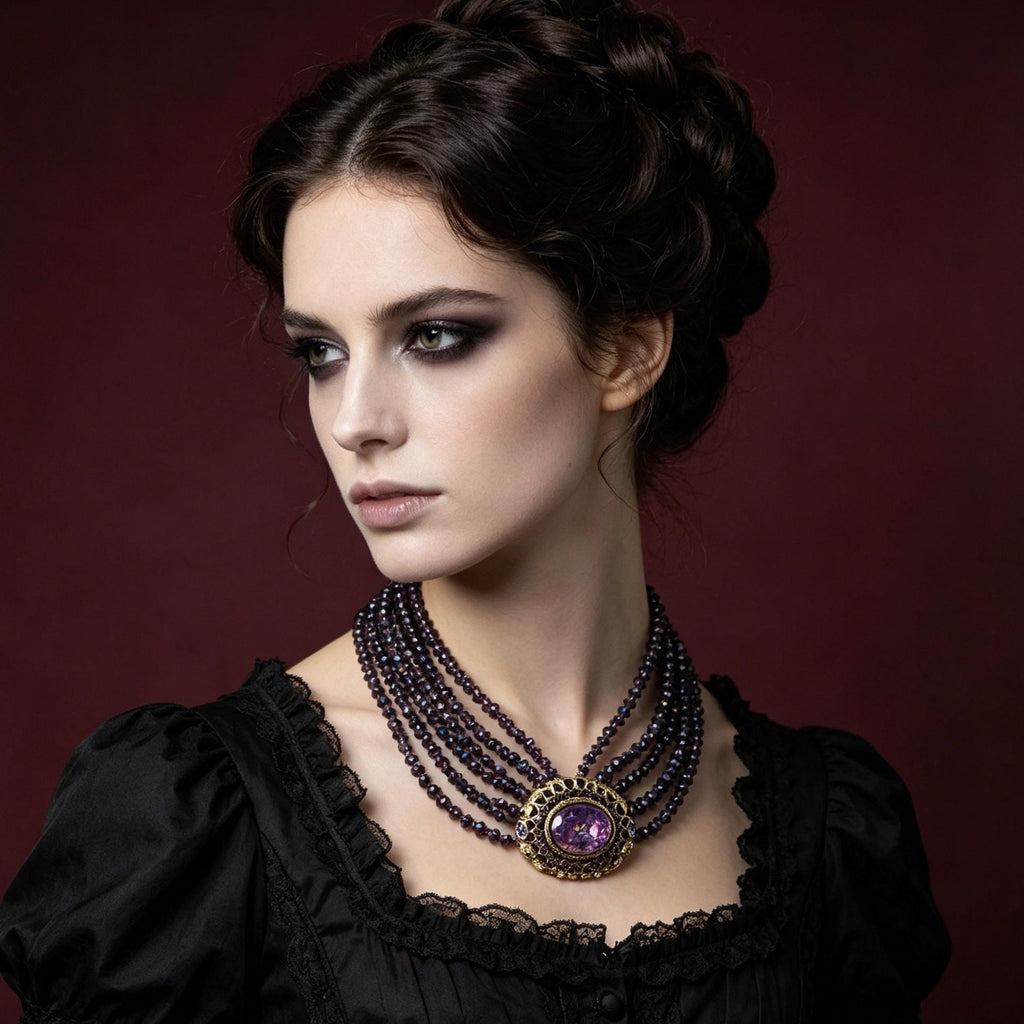 Victorian Widow Gothic Necklace Purple Crystal Opal Pendant For Duchess Style
