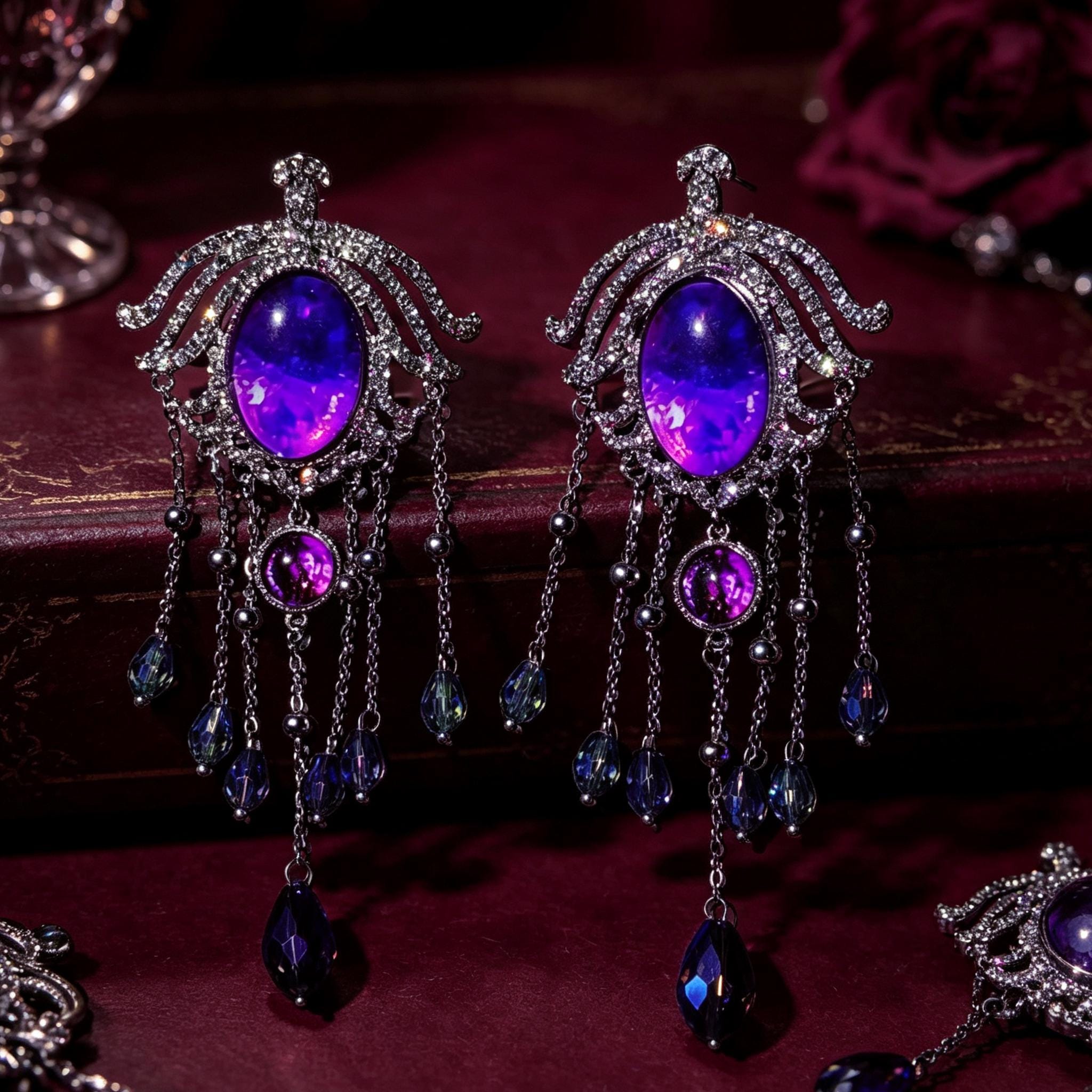 MourningGardenStudio Victorian Gothic Crystal Chandelier Tassel Earrings Purple