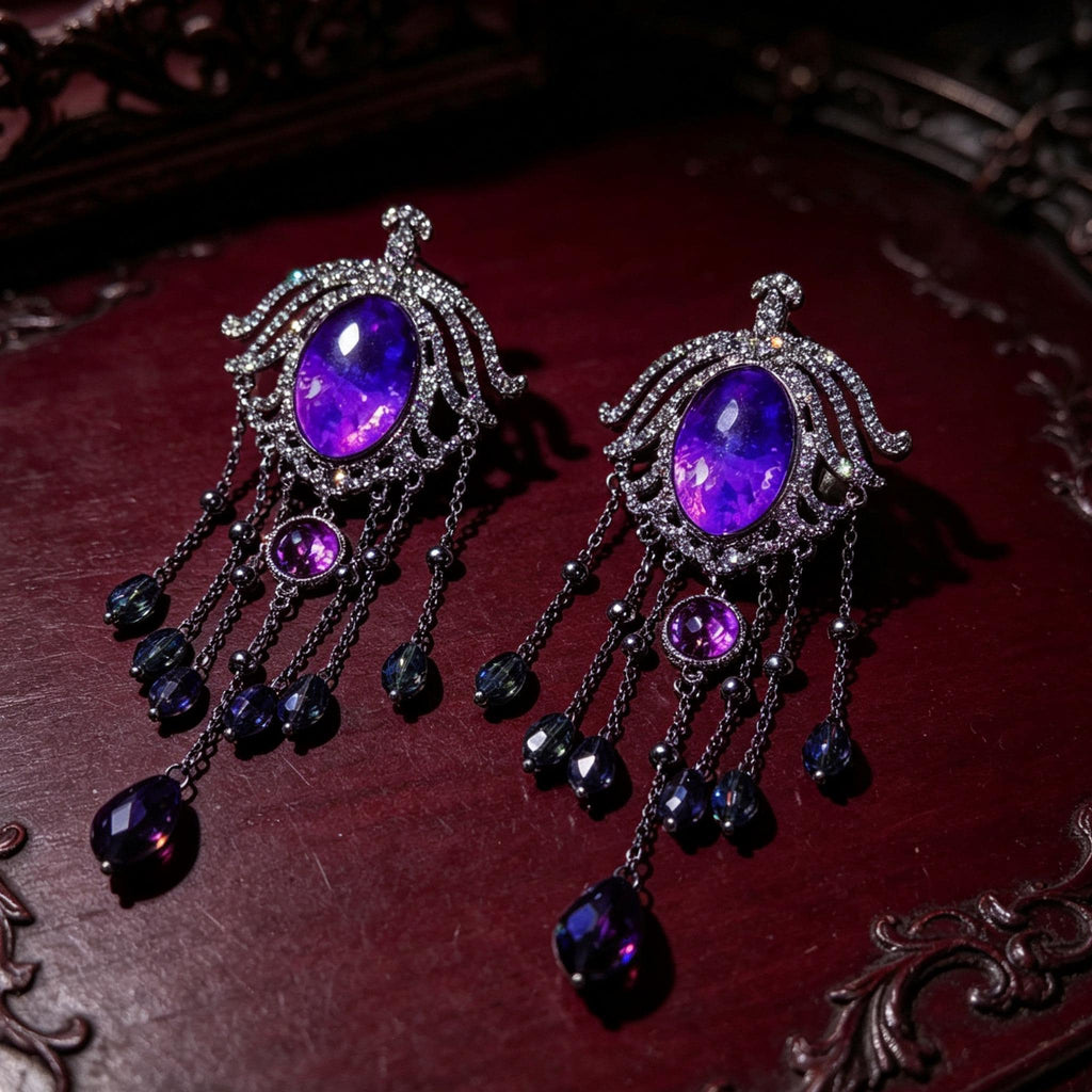 MourningGardenStudio Victorian Gothic Crystal Chandelier Tassel Earrings Purple