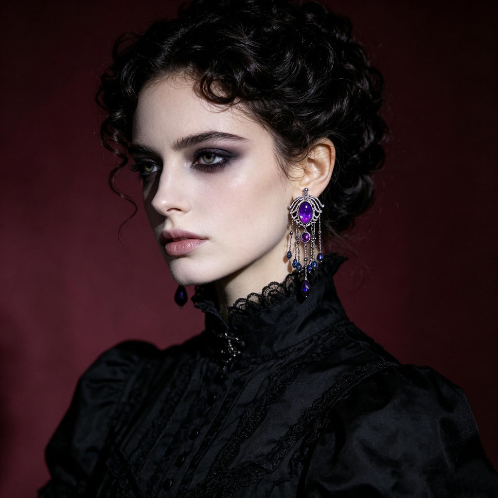 MourningGardenStudio Victorian Gothic Crystal Chandelier Tassel Earrings Purple