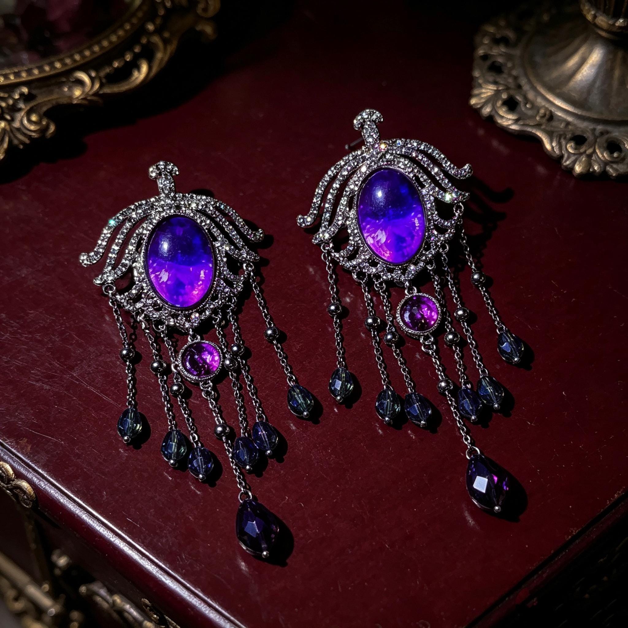 MourningGardenStudio Victorian Gothic Crystal Chandelier Tassel Earrings Purple