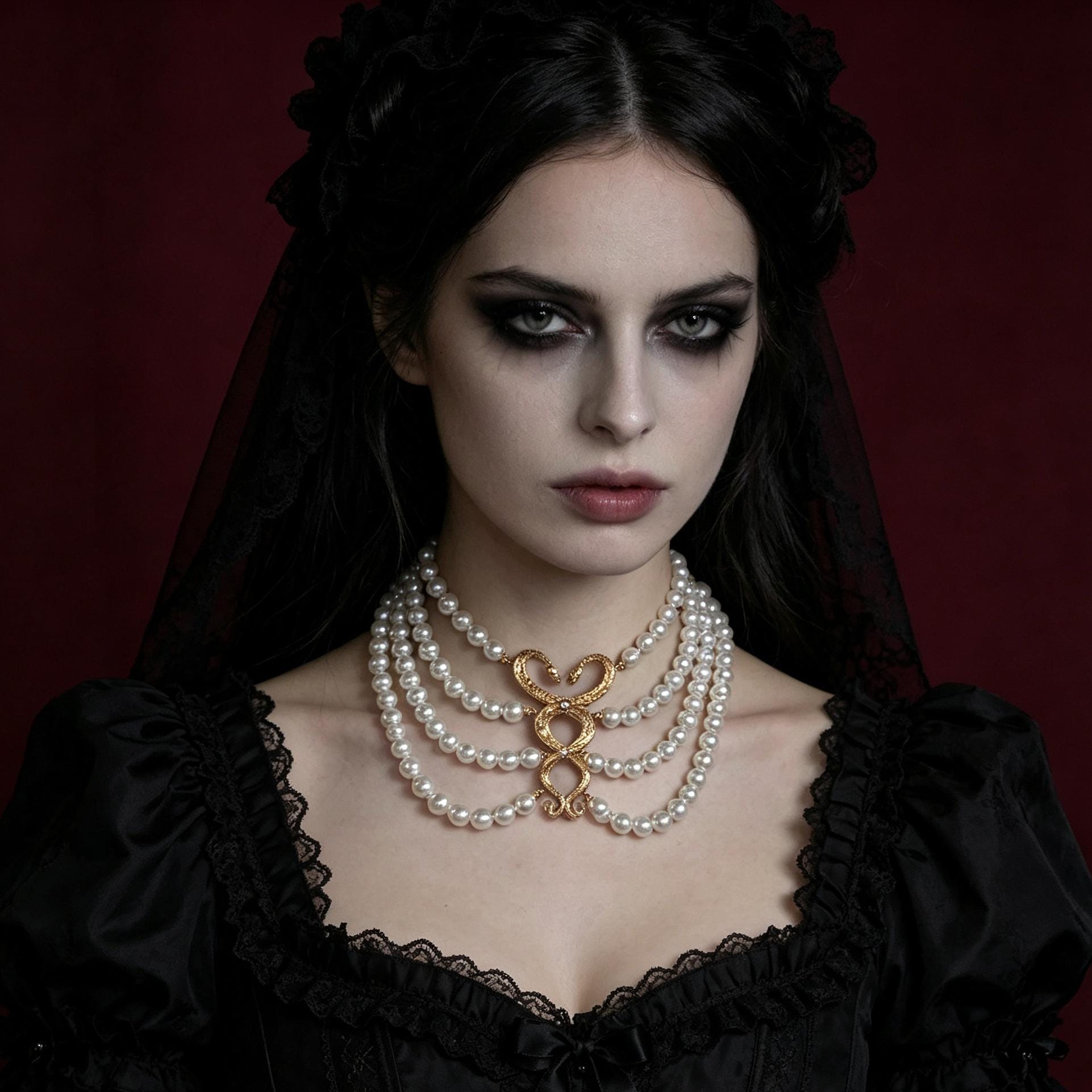 MourningGardenStudio Victorian Gothic Double Snake Pearl Choker