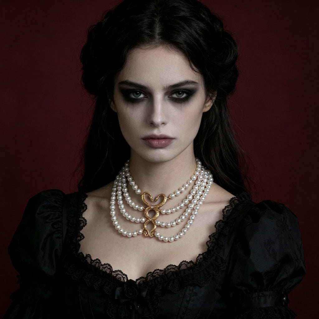 MourningGardenStudio Victorian Gothic Double Snake Pearl Choker