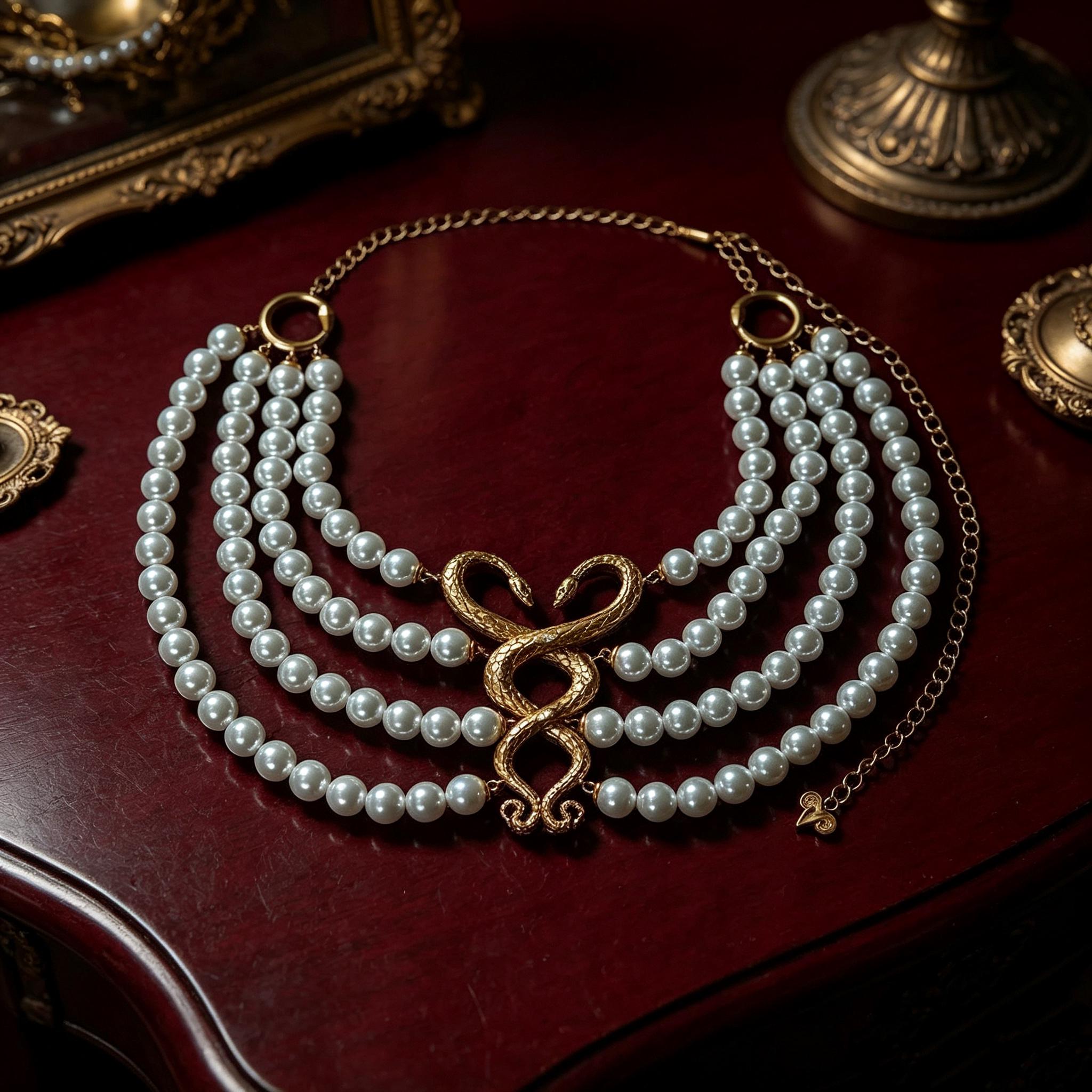 MourningGardenStudio Victorian Gothic Double Snake Pearl Choker