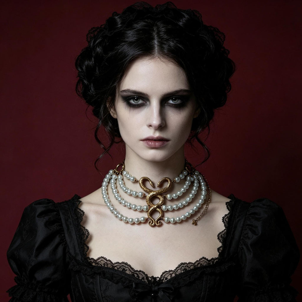 MourningGardenStudio Victorian Gothic Double Snake Pearl Choker