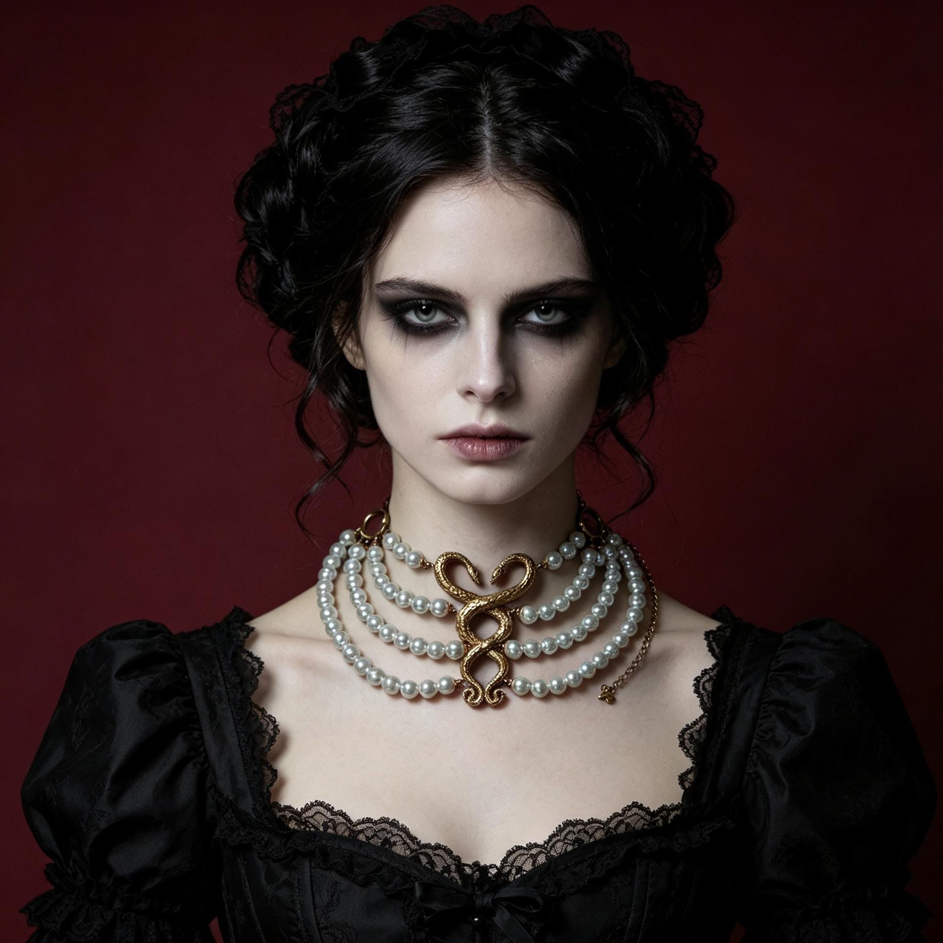 MourningGardenStudio Victorian Gothic Double Snake Pearl Choker