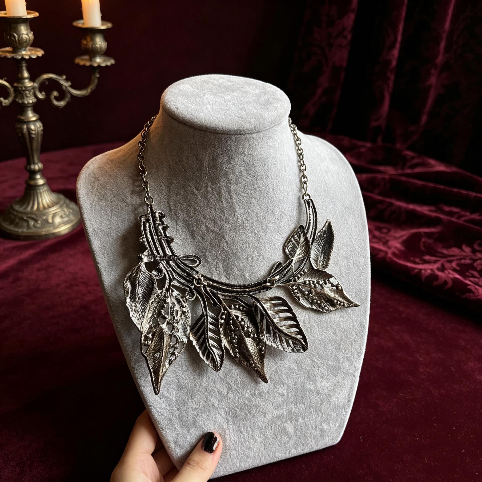 MourningGardenStudio Victorian Gothic Leaf Statement Necklace Antique Bronze