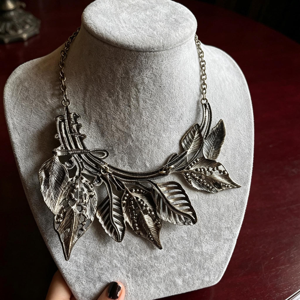 MourningGardenStudio Victorian Gothic Leaf Statement Necklace Antique Bronze