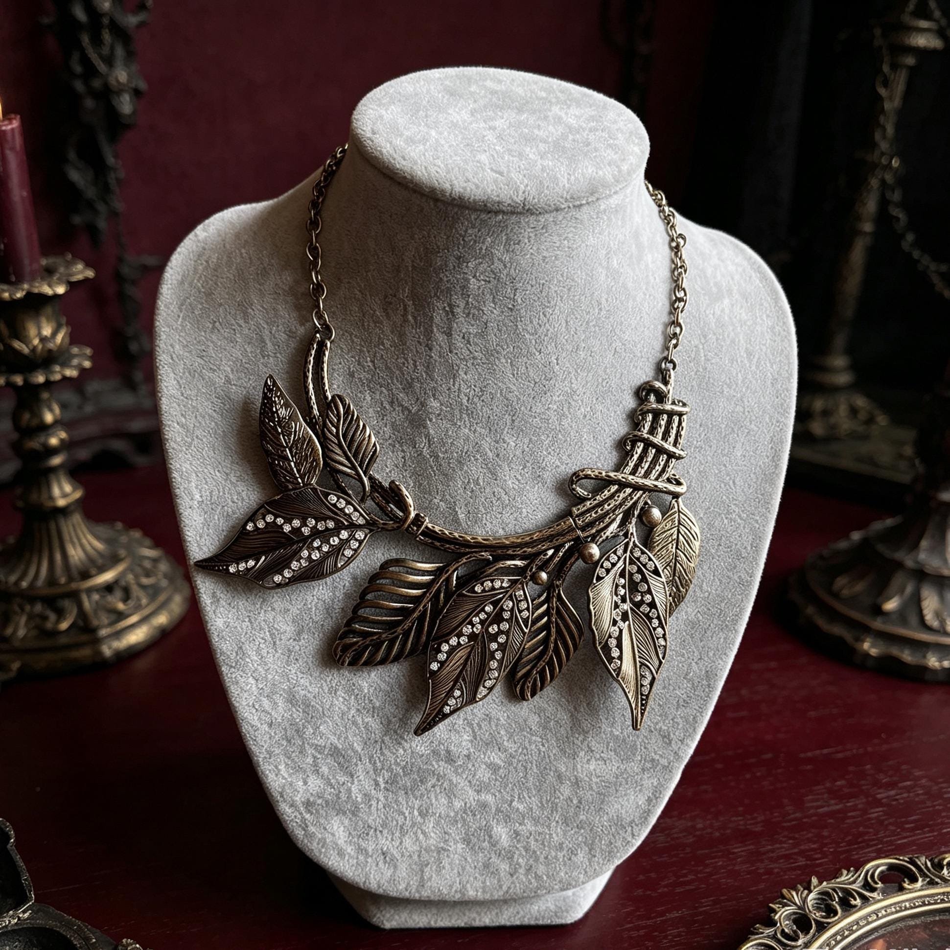 MourningGardenStudio Victorian Gothic Leaf Statement Necklace Antique Bronze