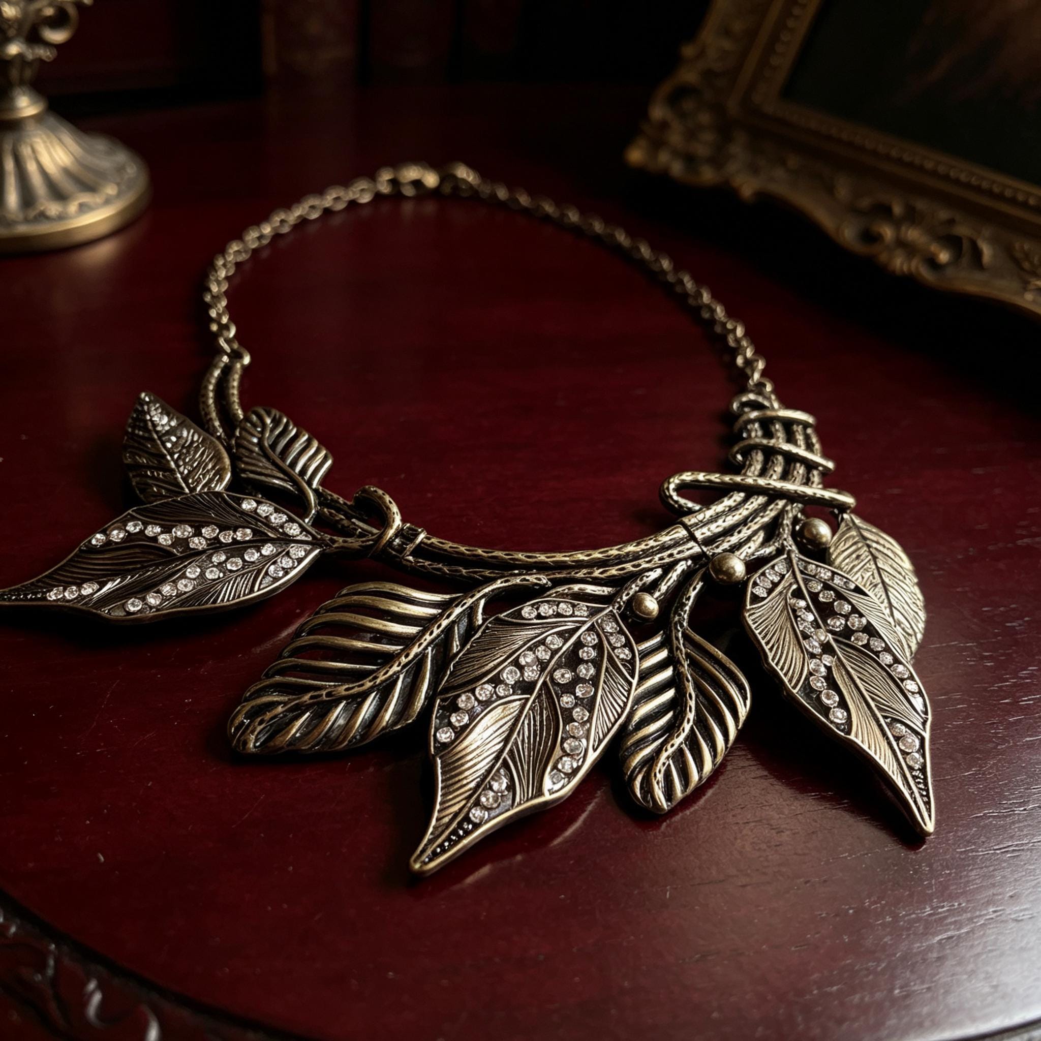 MourningGardenStudio Victorian Gothic Leaf Statement Necklace Antique Bronze