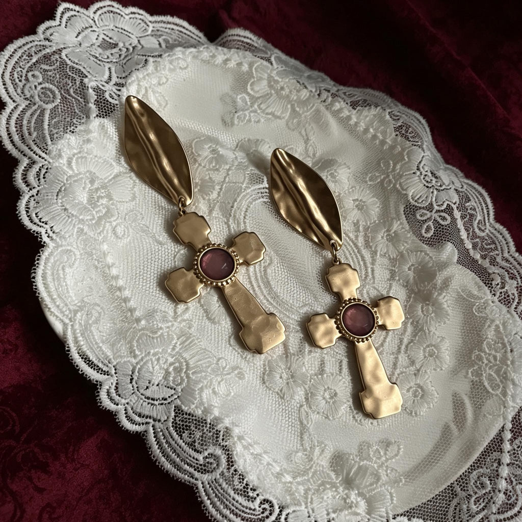 MourningGardenStudio Victorian Gothic Cross Drop Earrings Antique Gold Ruby