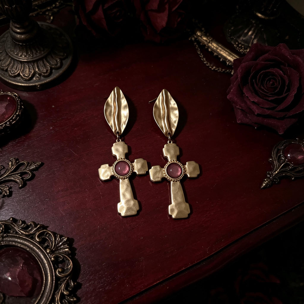 MourningGardenStudio Victorian Gothic Cross Drop Earrings Antique Gold Ruby