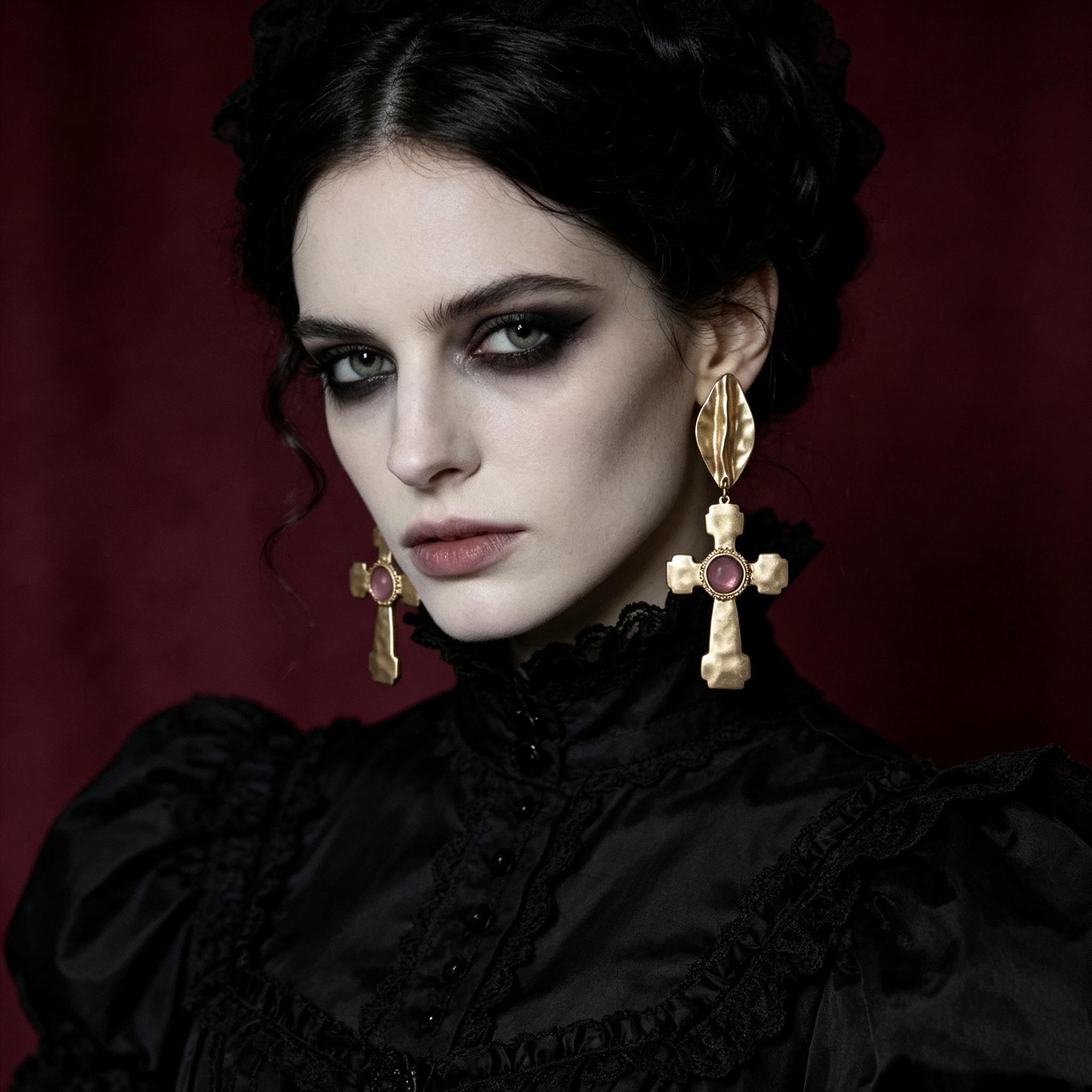 MourningGardenStudio Victorian Gothic Cross Drop Earrings Antique Gold Ruby