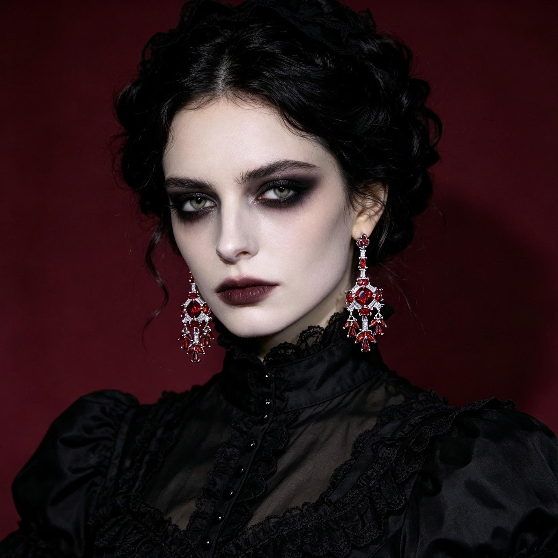 Victorian Ruby Chandelier Earrings Gothic Blood Red Crystal Drops