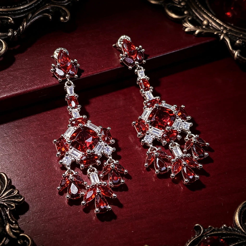 Victorian Ruby Chandelier Earrings Gothic Blood Red Crystal Drops