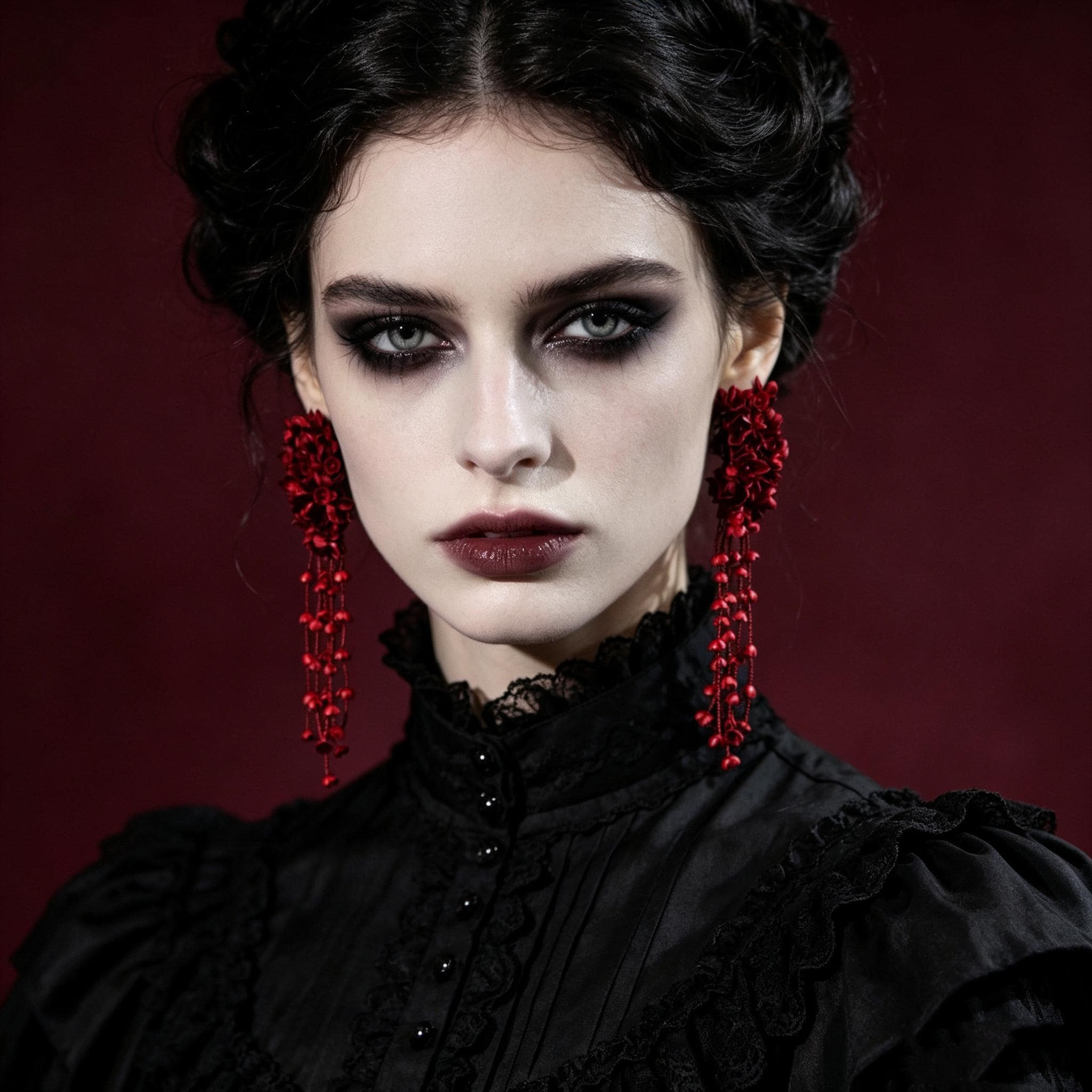 Handmade Red Flower Earrings Dramatic Tassel Drops For Vampire Bride Gothic Style