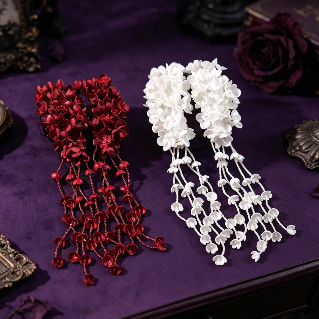 Handmade Red Flower Earrings Dramatic Tassel Drops For Vampire Bride Gothic Style