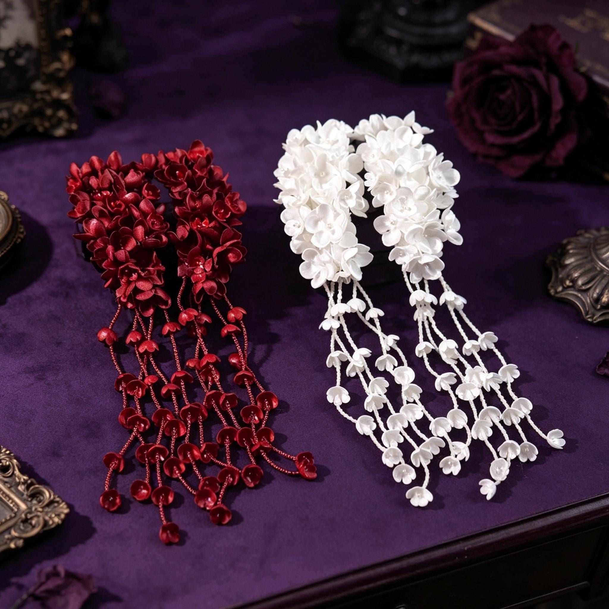 Handmade Red Flower Earrings Dramatic Tassel Drops For Vampire Bride Gothic Style