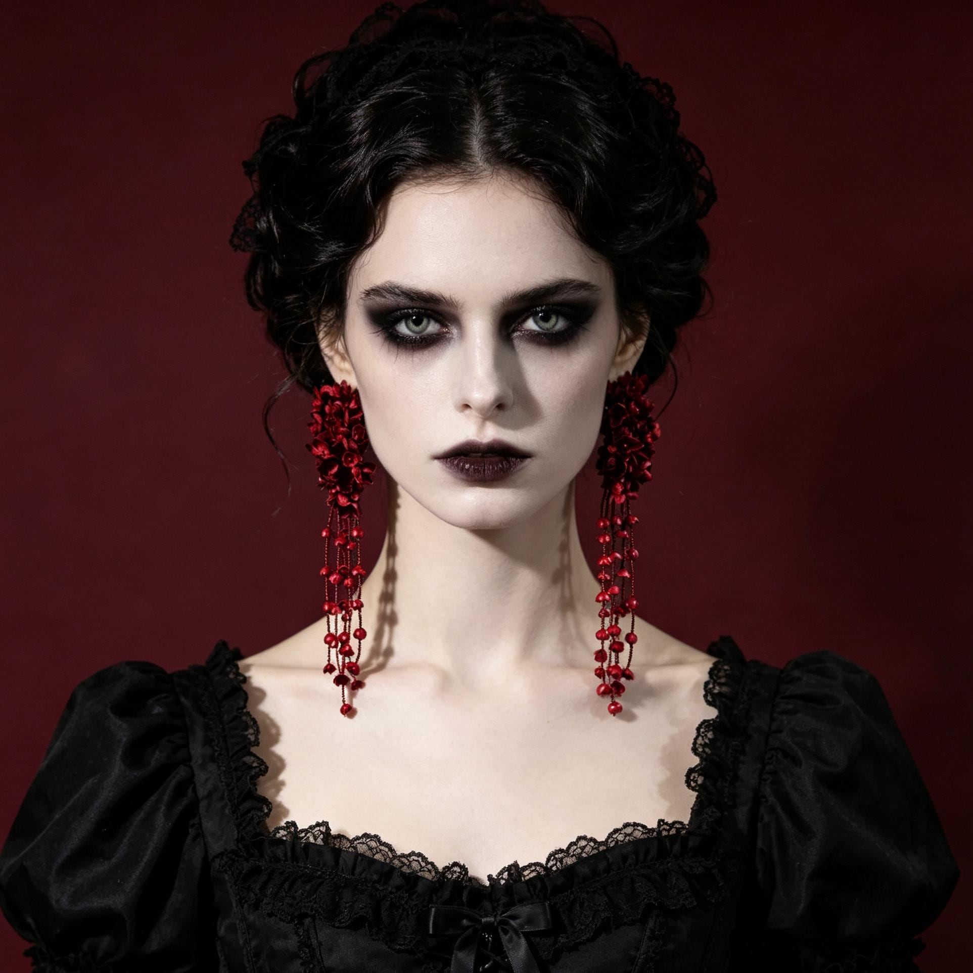 Handmade Red Flower Earrings Dramatic Tassel Drops For Vampire Bride Gothic Style