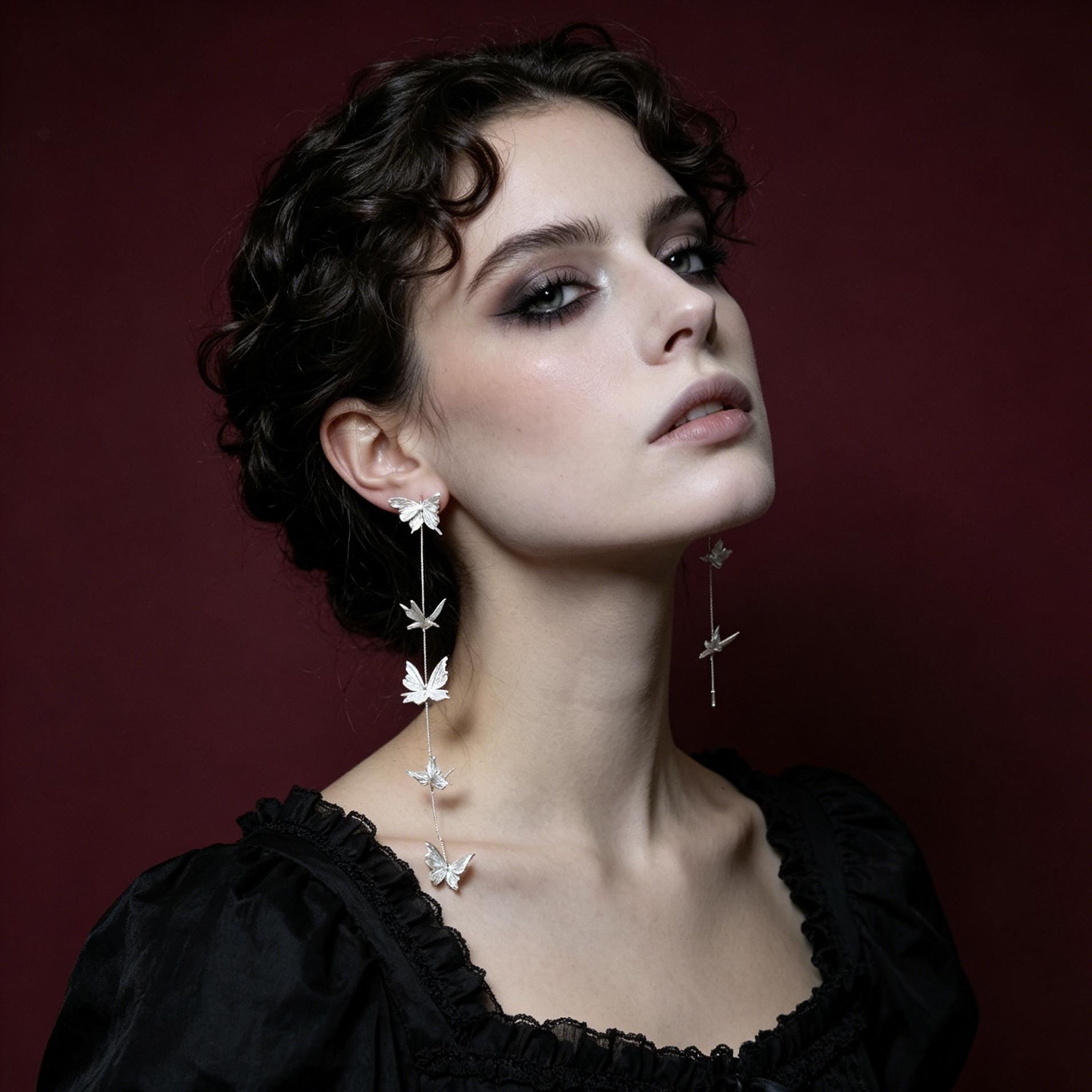 Gothic Butterfly Drop Earrings White Gold Plated For Vampire Ball Victorian Style
