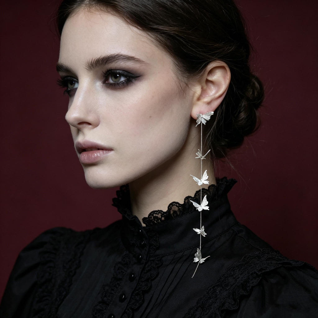 Gothic Butterfly Drop Earrings White Gold Plated For Vampire Ball Victorian Style