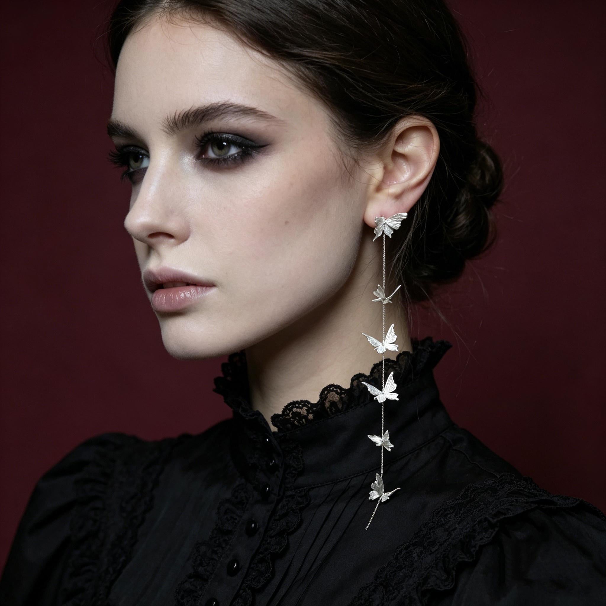 Gothic Butterfly Drop Earrings White Gold Plated For Vampire Ball Victorian Style