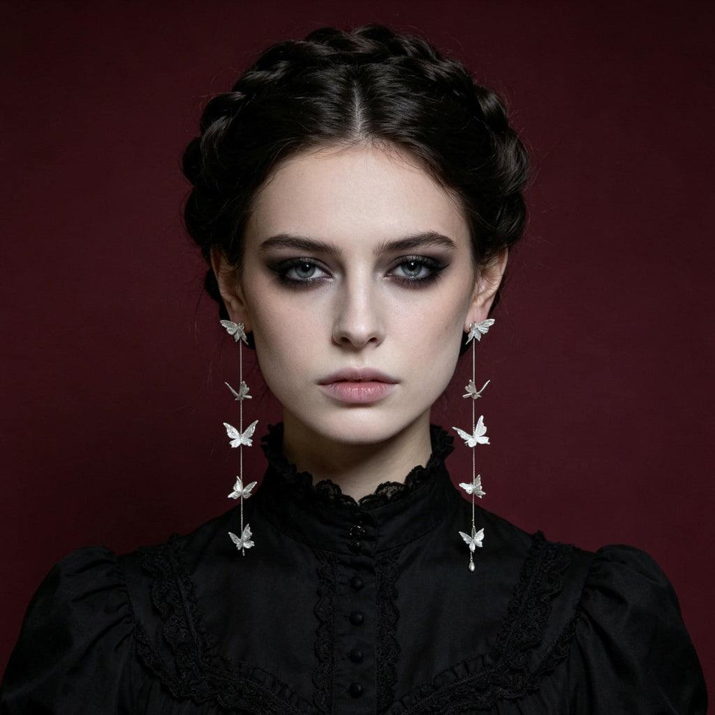 Gothic Butterfly Drop Earrings White Gold Plated For Vampire Ball Victorian Style