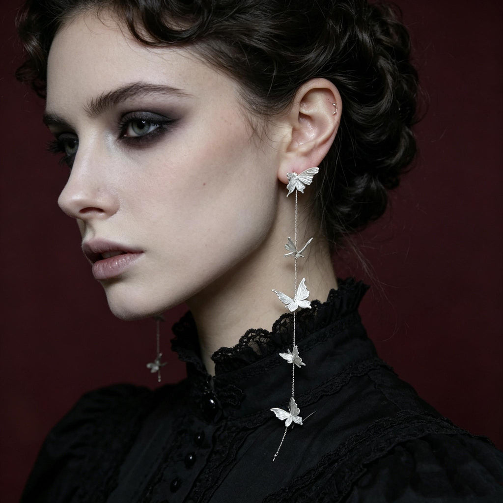 Gothic Butterfly Drop Earrings White Gold Plated For Vampire Ball Victorian Style