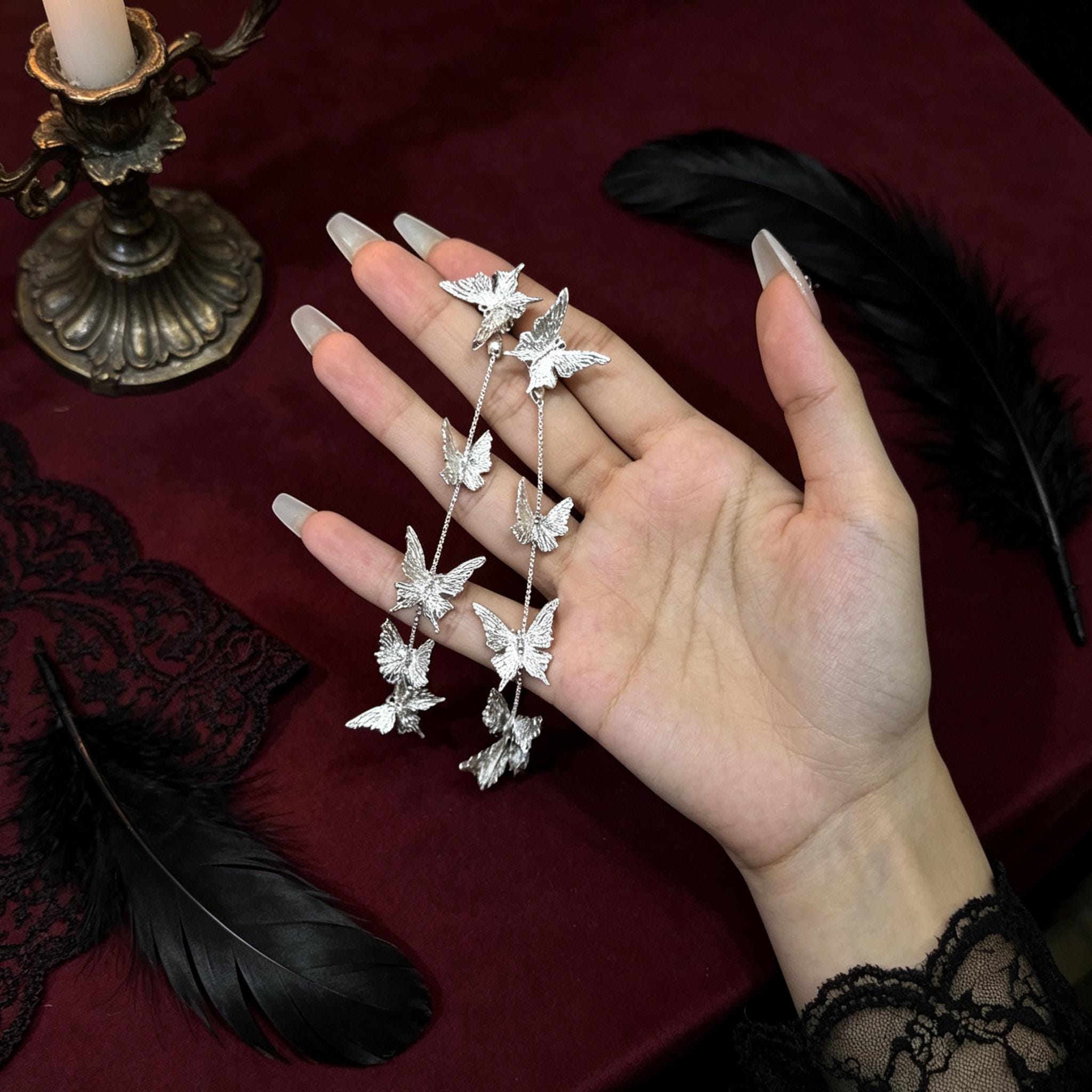 Gothic Butterfly Drop Earrings White Gold Plated For Vampire Ball Victorian Style
