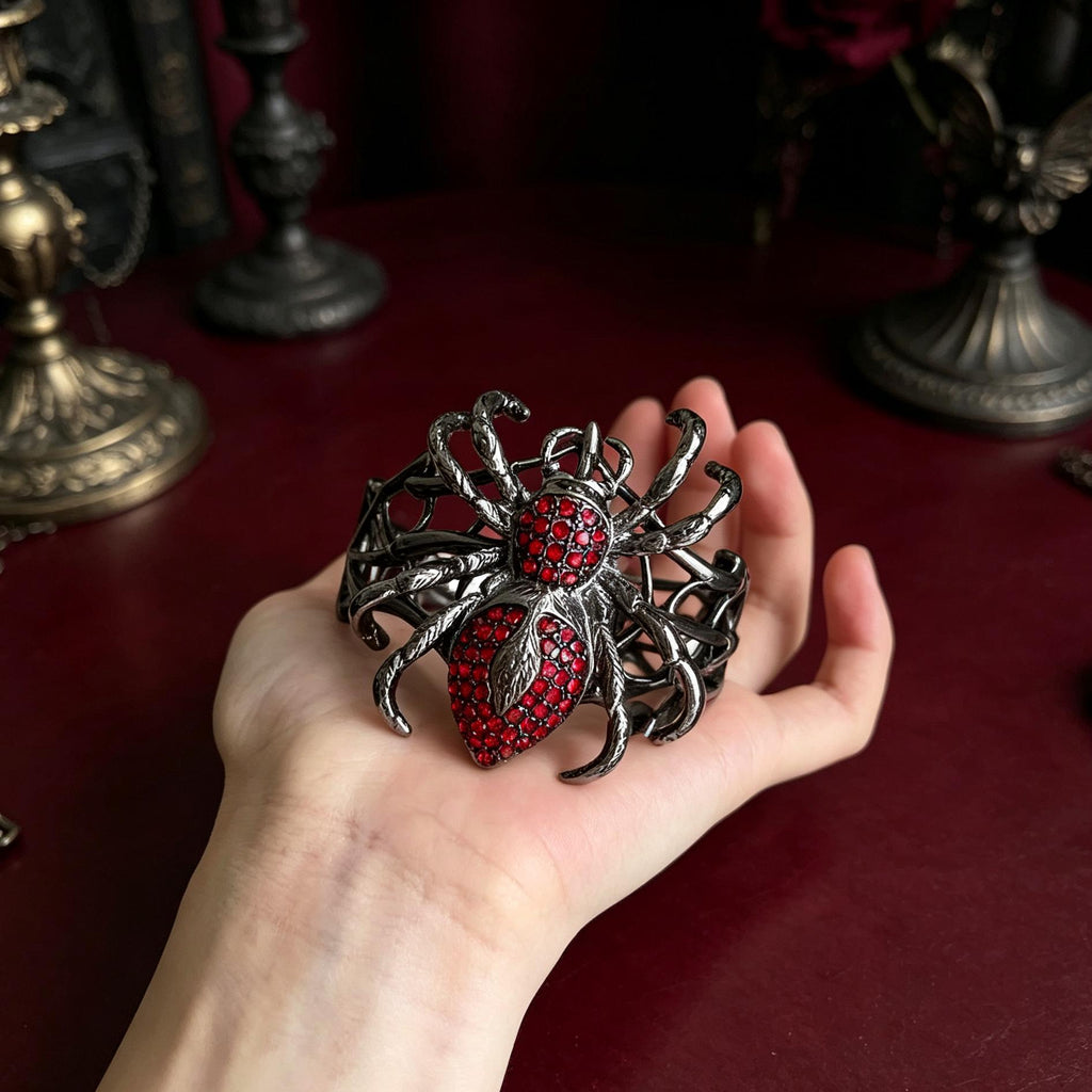 Gothic Spider Cuff Bracelet Gunmetal Rhinestone Vampire Jewelry Dark Romance