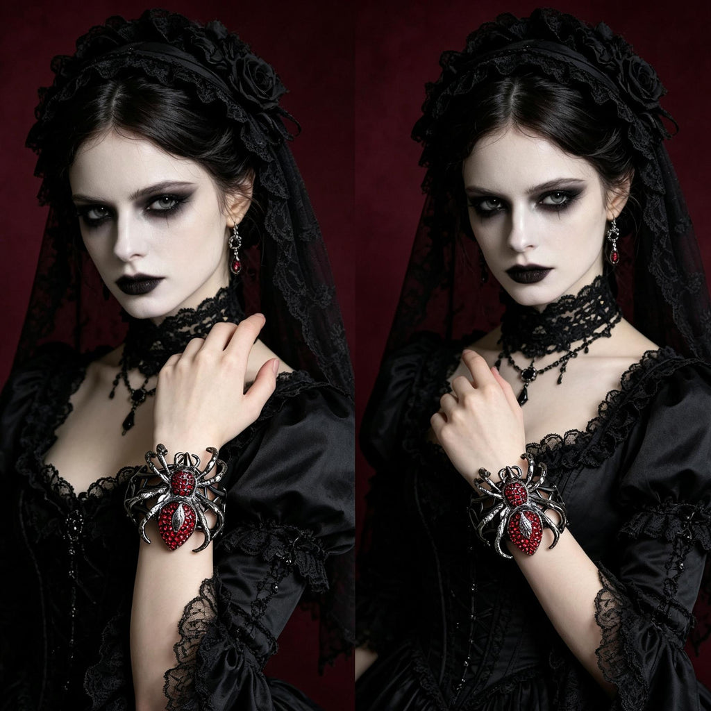 Gothic Spider Cuff Bracelet Gunmetal Rhinestone Vampire Jewelry Dark Romance