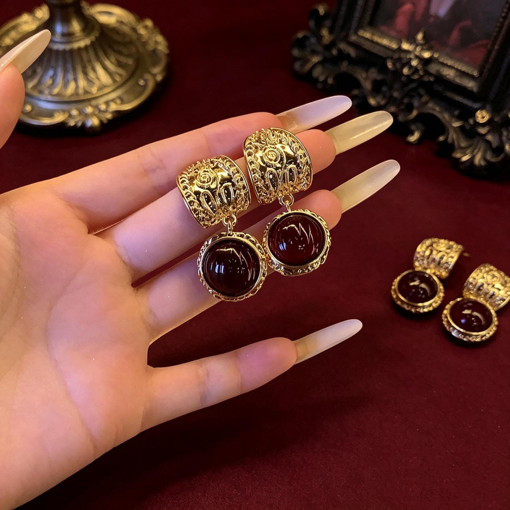 14K Gold Plated Victorian Vampire Drop Earrings Crimson Resin Cabochons