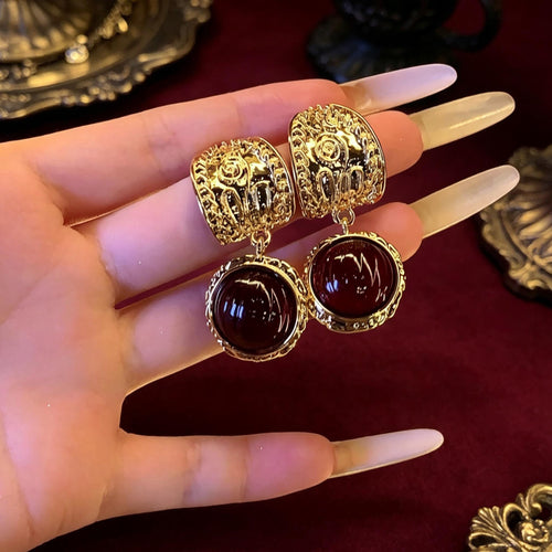 14K Gold Plated Victorian Vampire Drop Earrings Crimson Resin Cabochons