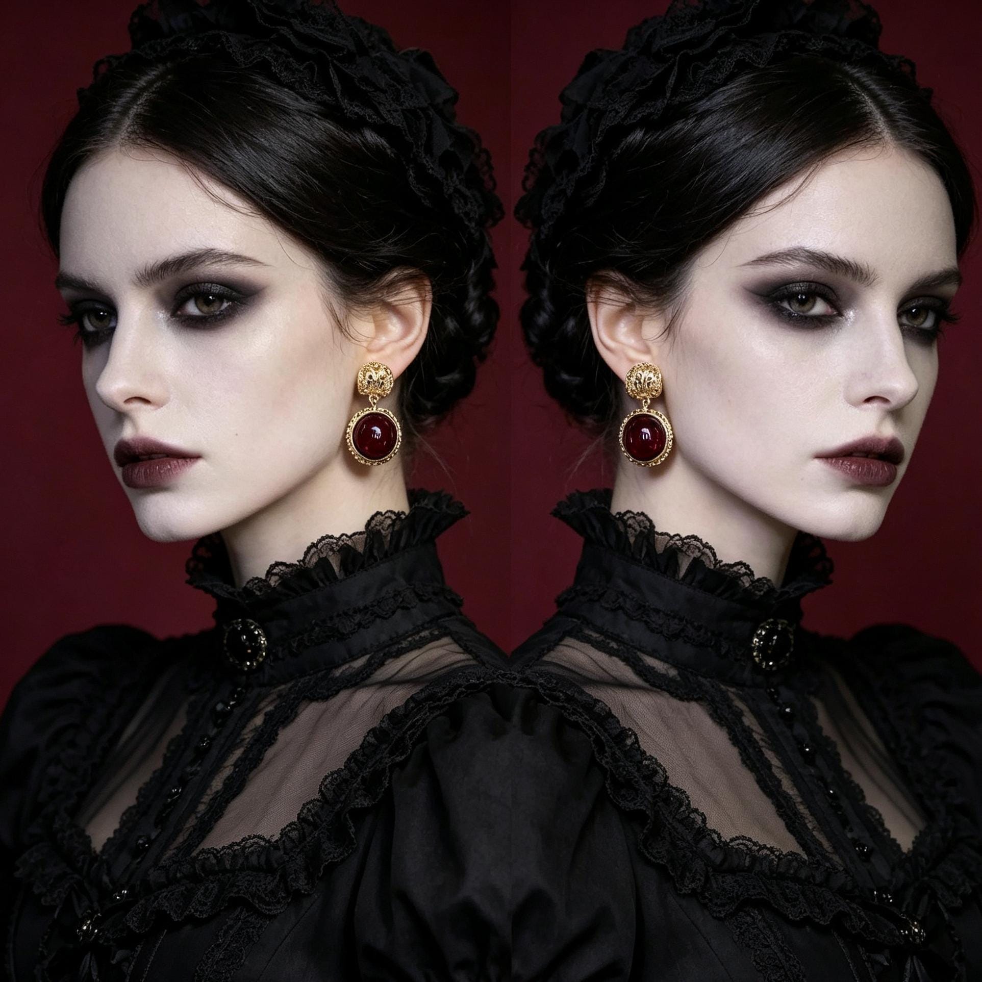 14K Gold Plated Victorian Vampire Drop Earrings Crimson Resin Cabochons