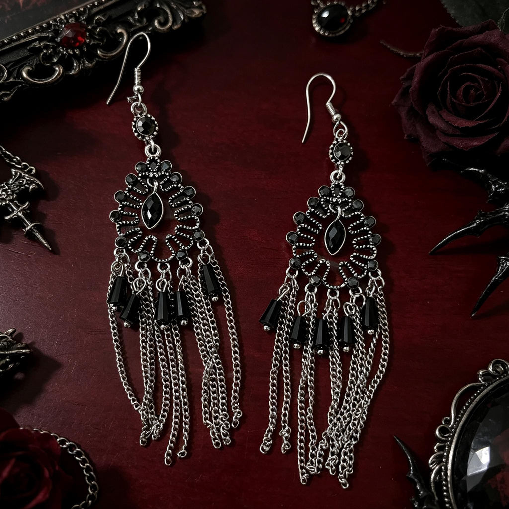 MourningGardenStudio Victorian Gothic Chandelier Earrings Black Gem Tassels