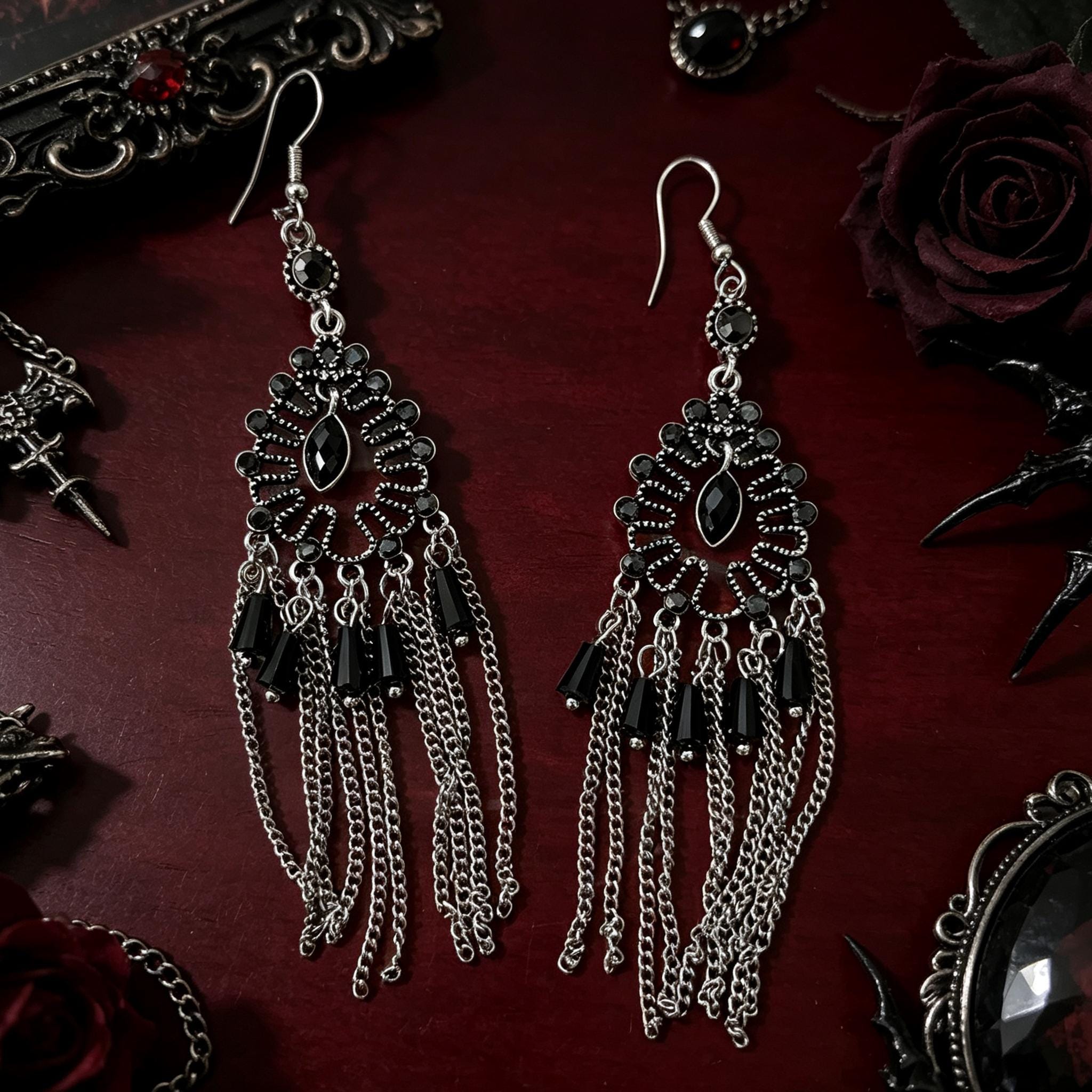 MourningGardenStudio Victorian Gothic Chandelier Earrings Black Gem Tassels