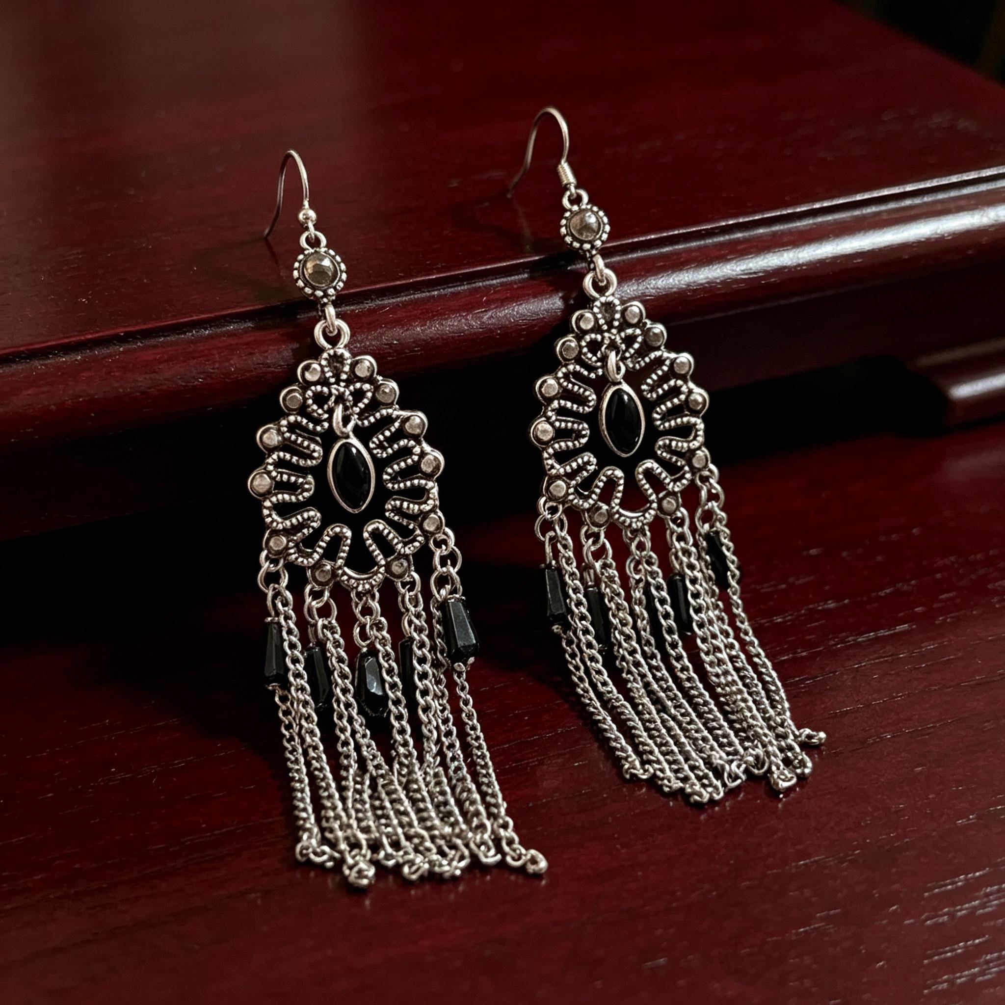 MourningGardenStudio Victorian Gothic Chandelier Earrings Black Gem Tassels
