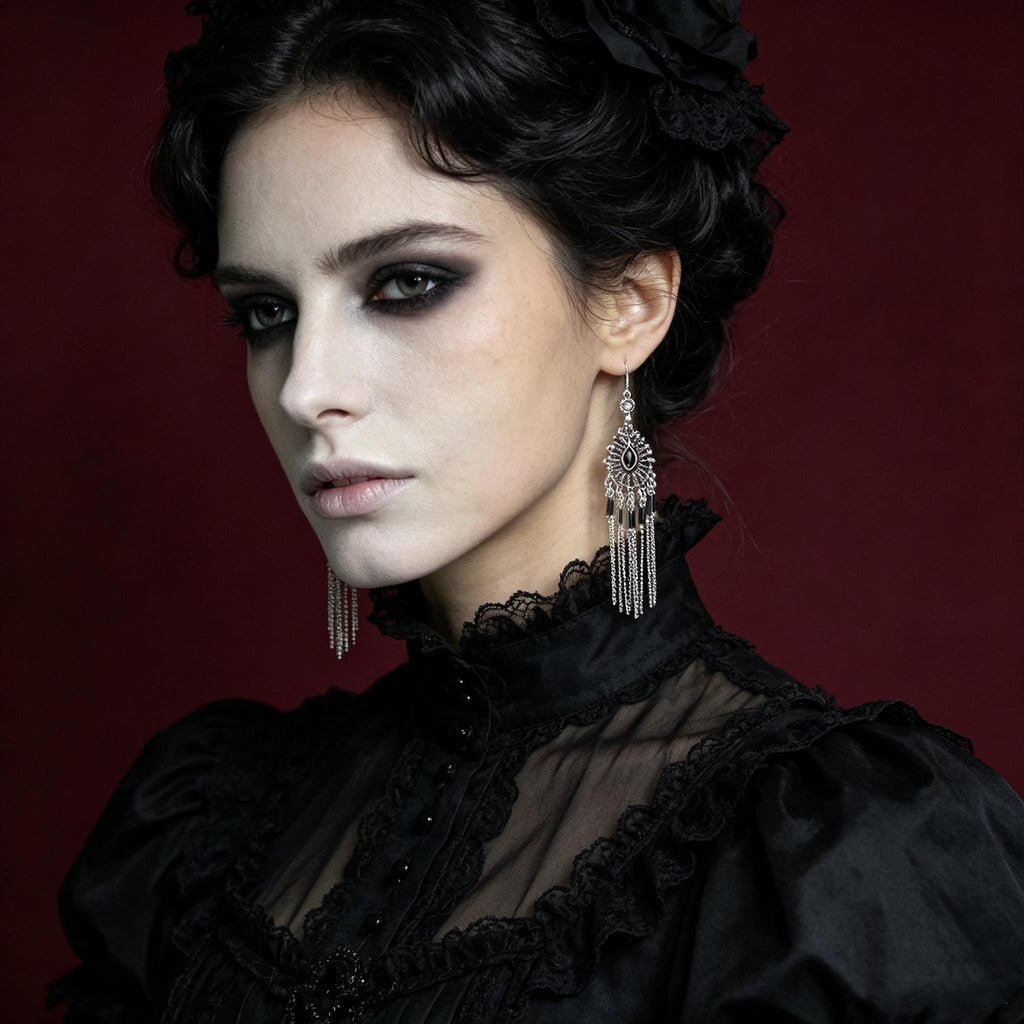 MourningGardenStudio Victorian Gothic Chandelier Earrings Black Gem Tassels