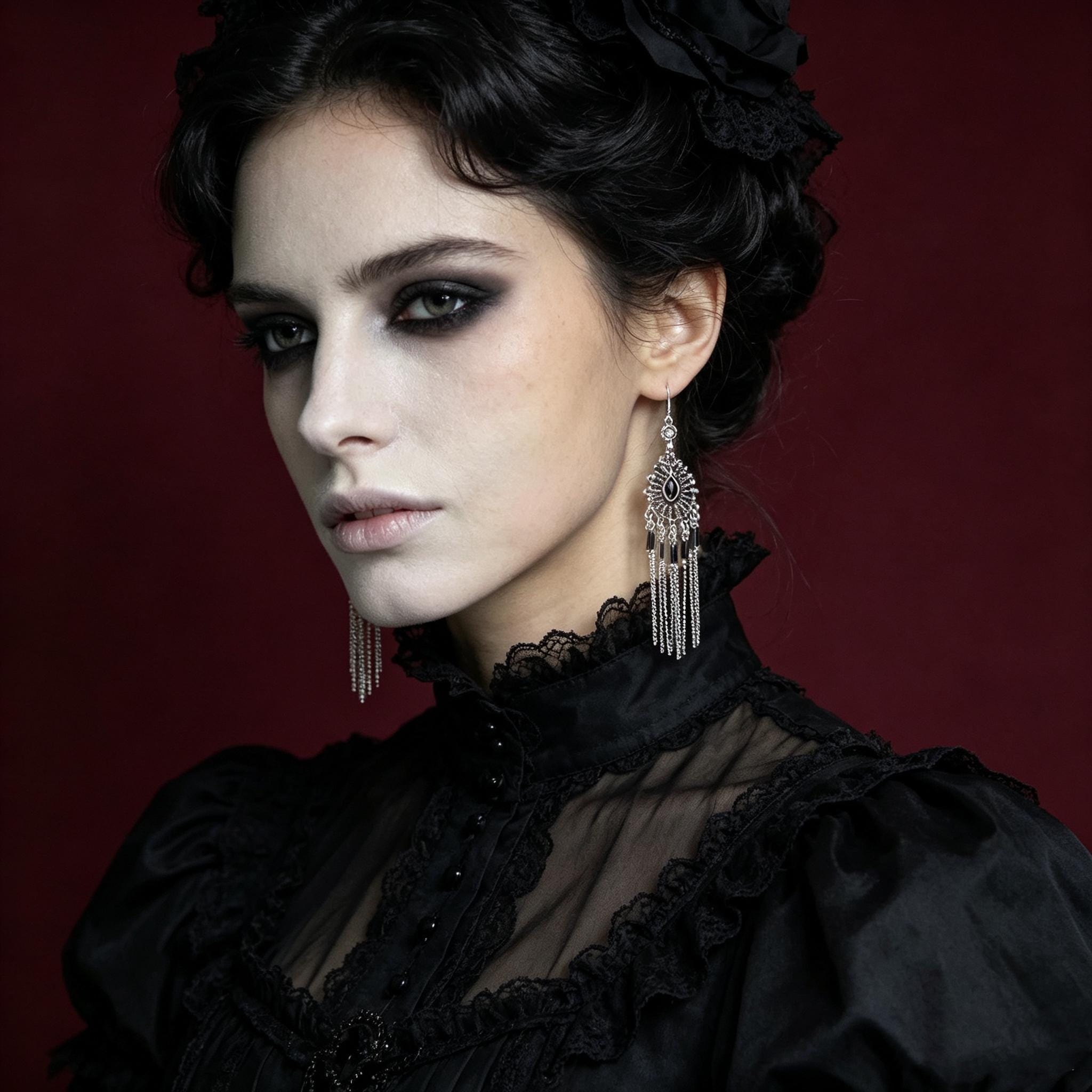 MourningGardenStudio Victorian Gothic Chandelier Earrings Black Gem Tassels