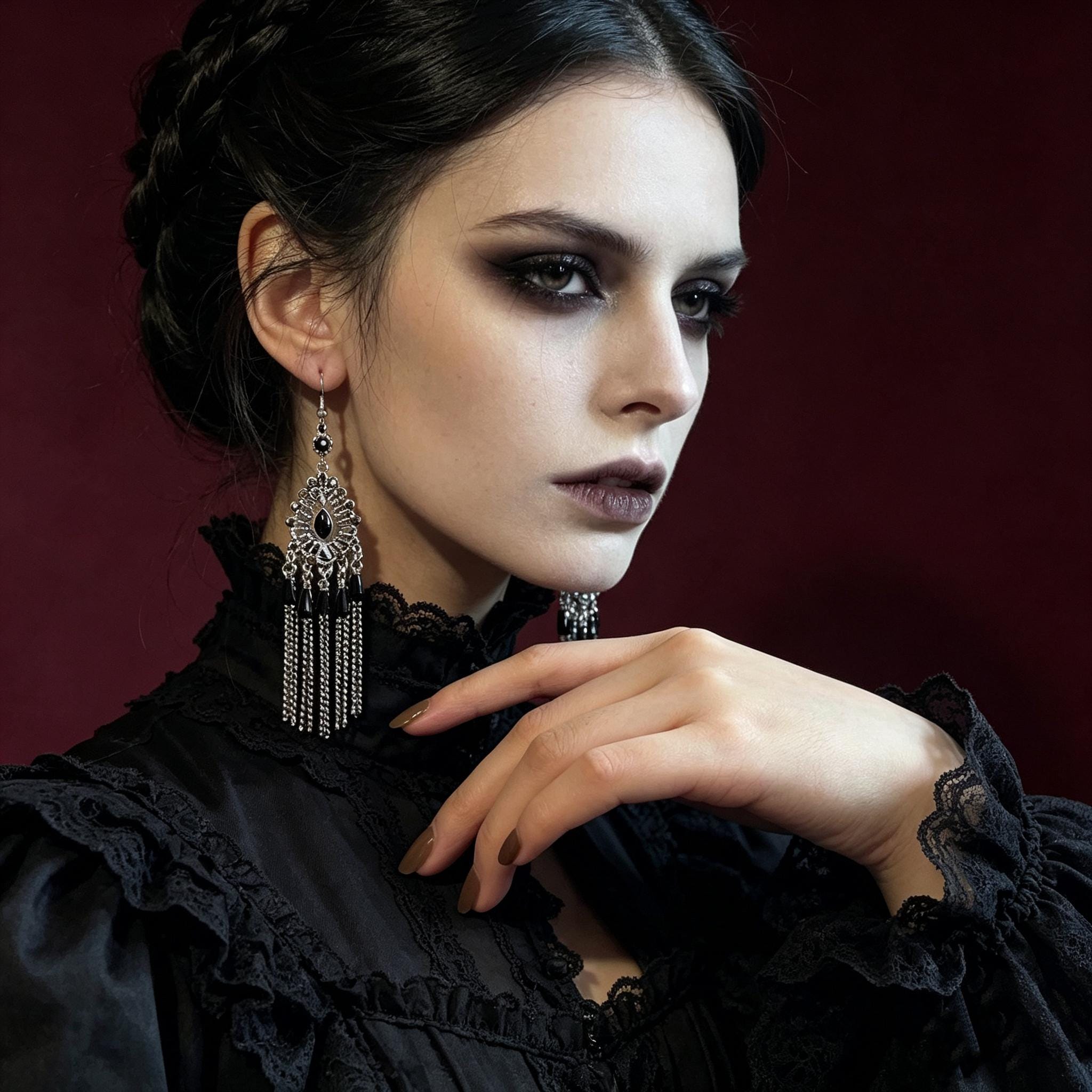 MourningGardenStudio Victorian Gothic Chandelier Earrings Black Gem Tassels