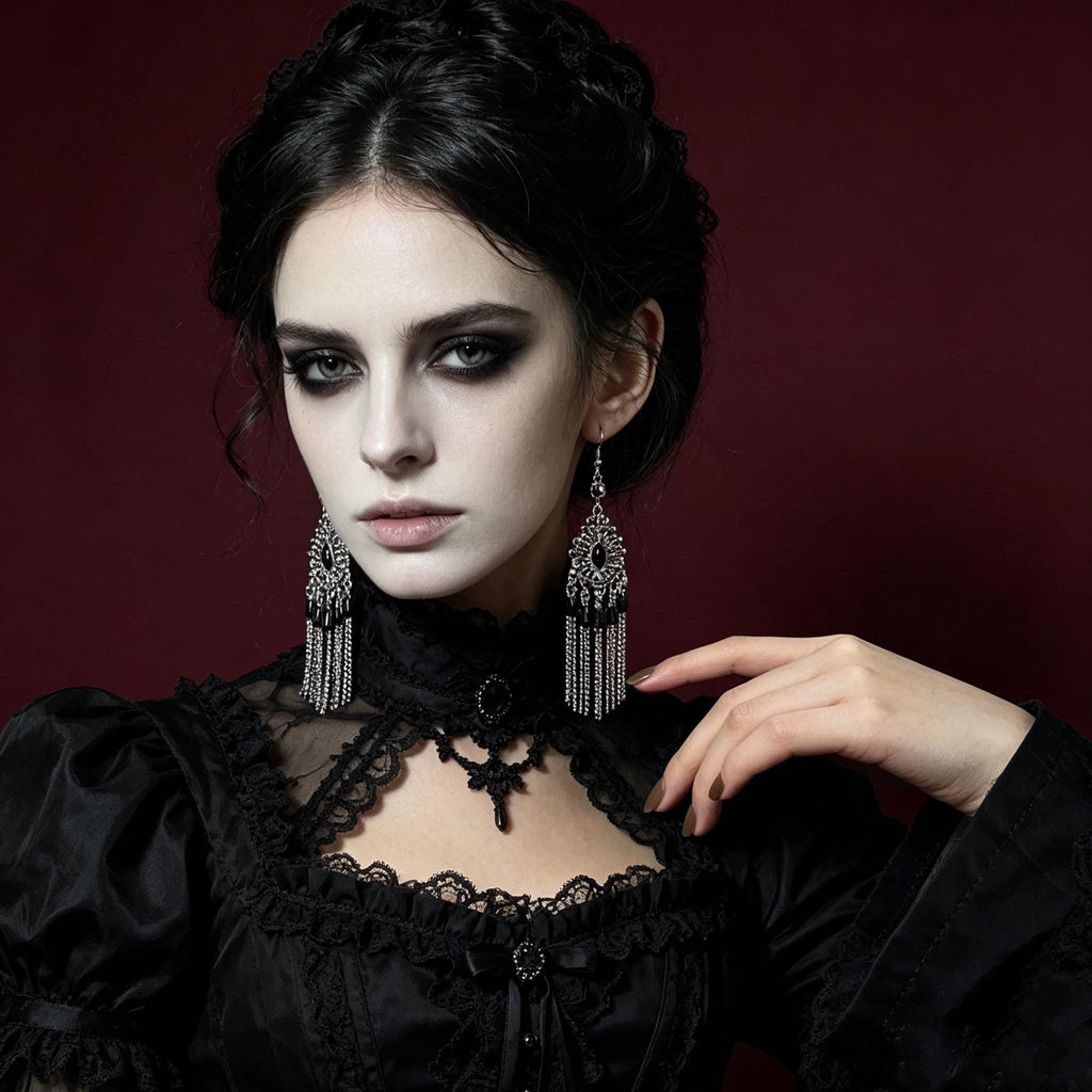 MourningGardenStudio Victorian Gothic Chandelier Earrings Black Gem Tassels