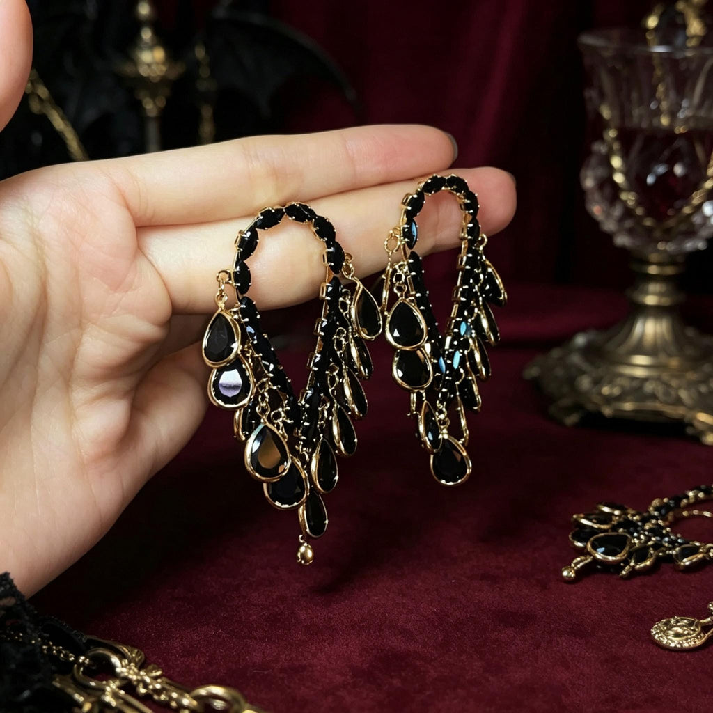 MourningGardenStudio Black Teardrop Gothic Dangle Drop Earrings Gold Setting
