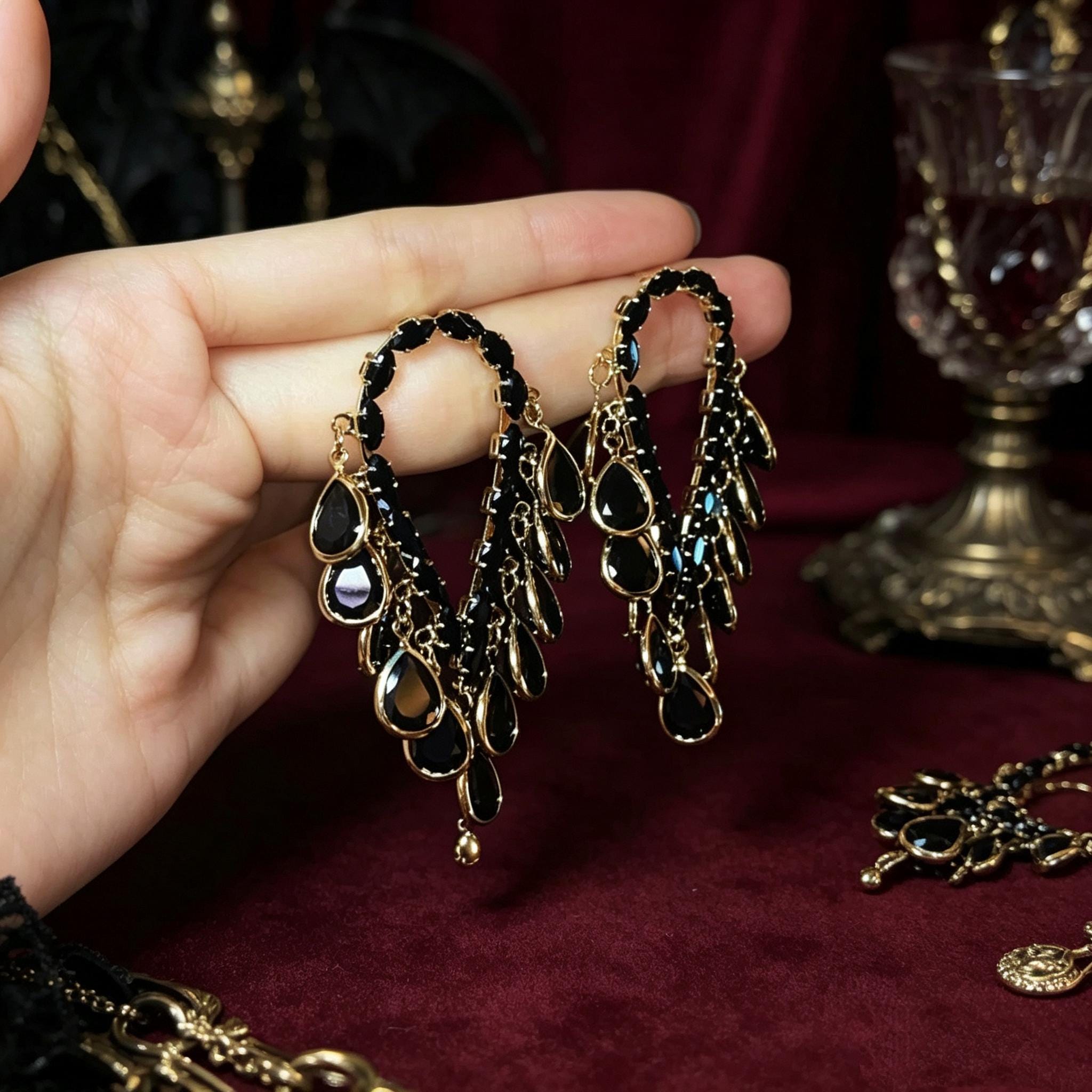 MourningGardenStudio Black Teardrop Gothic Dangle Drop Earrings Gold Setting
