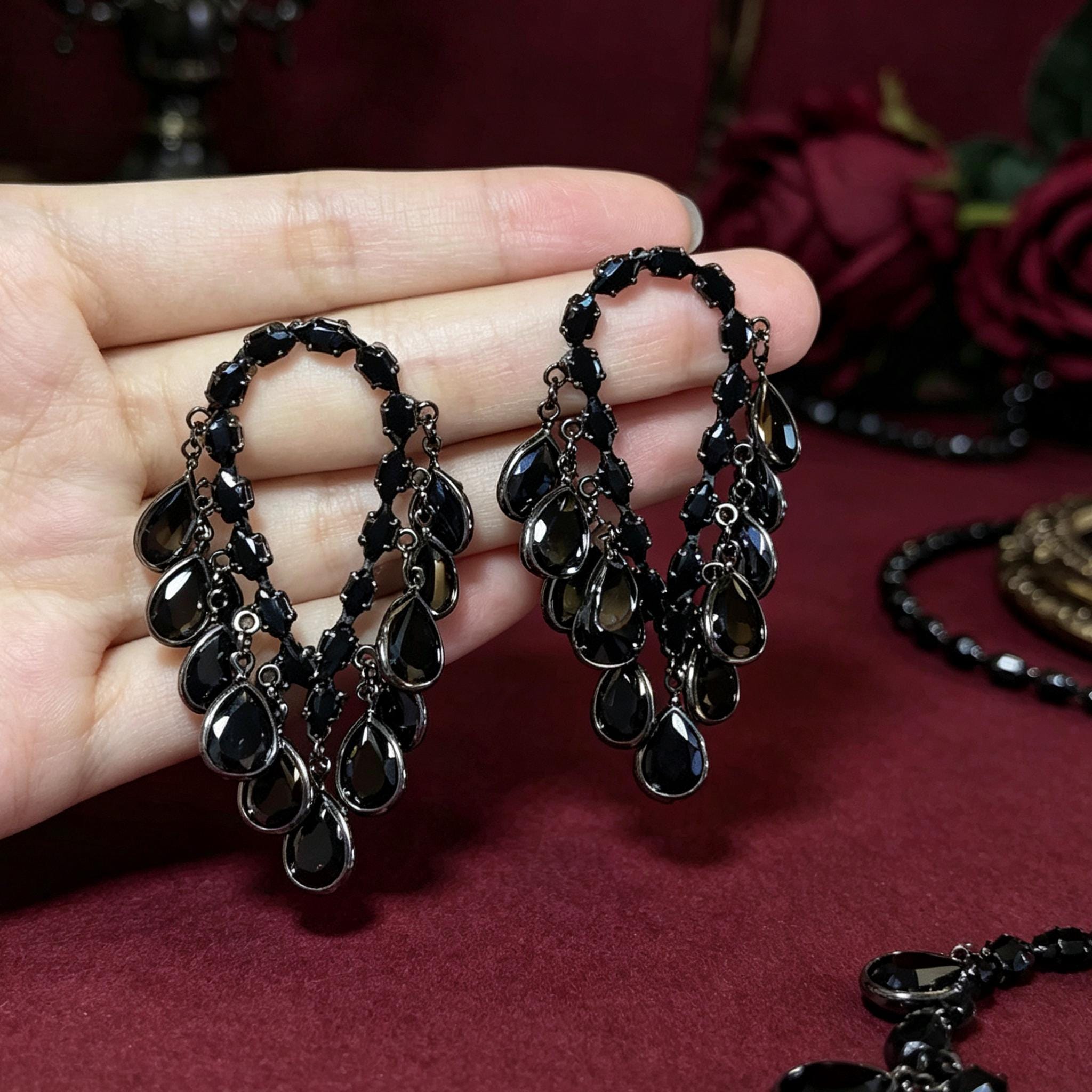 MourningGardenStudio Black Teardrop Gothic Dangle Drop Earrings Gold Setting
