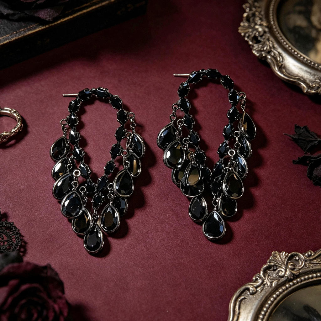 MourningGardenStudio Black Teardrop Gothic Dangle Drop Earrings Gold Setting