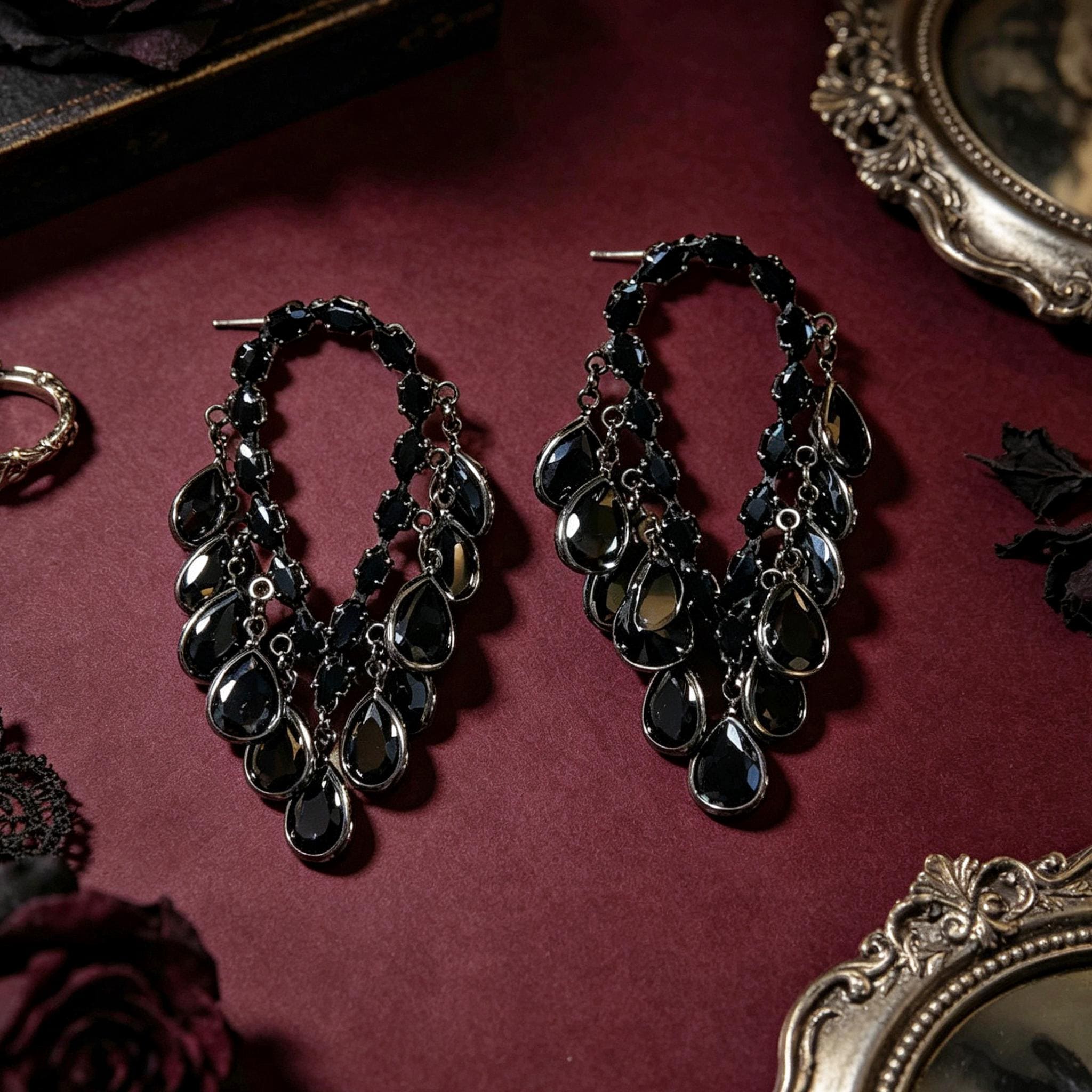 MourningGardenStudio Black Teardrop Gothic Dangle Drop Earrings Gold Setting