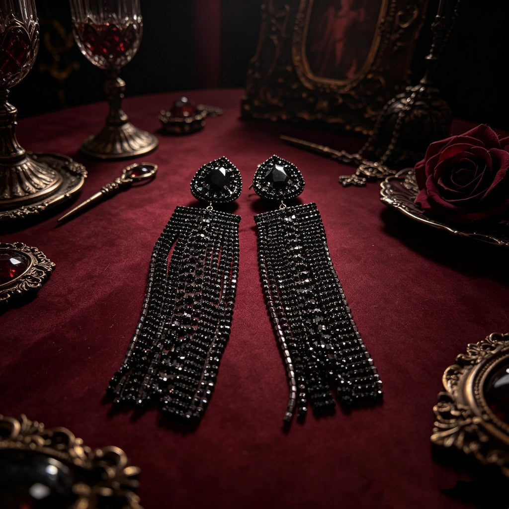 MourningGardenStudio Victorian Vampire Chandelier Earrings Black Crystal Tassel