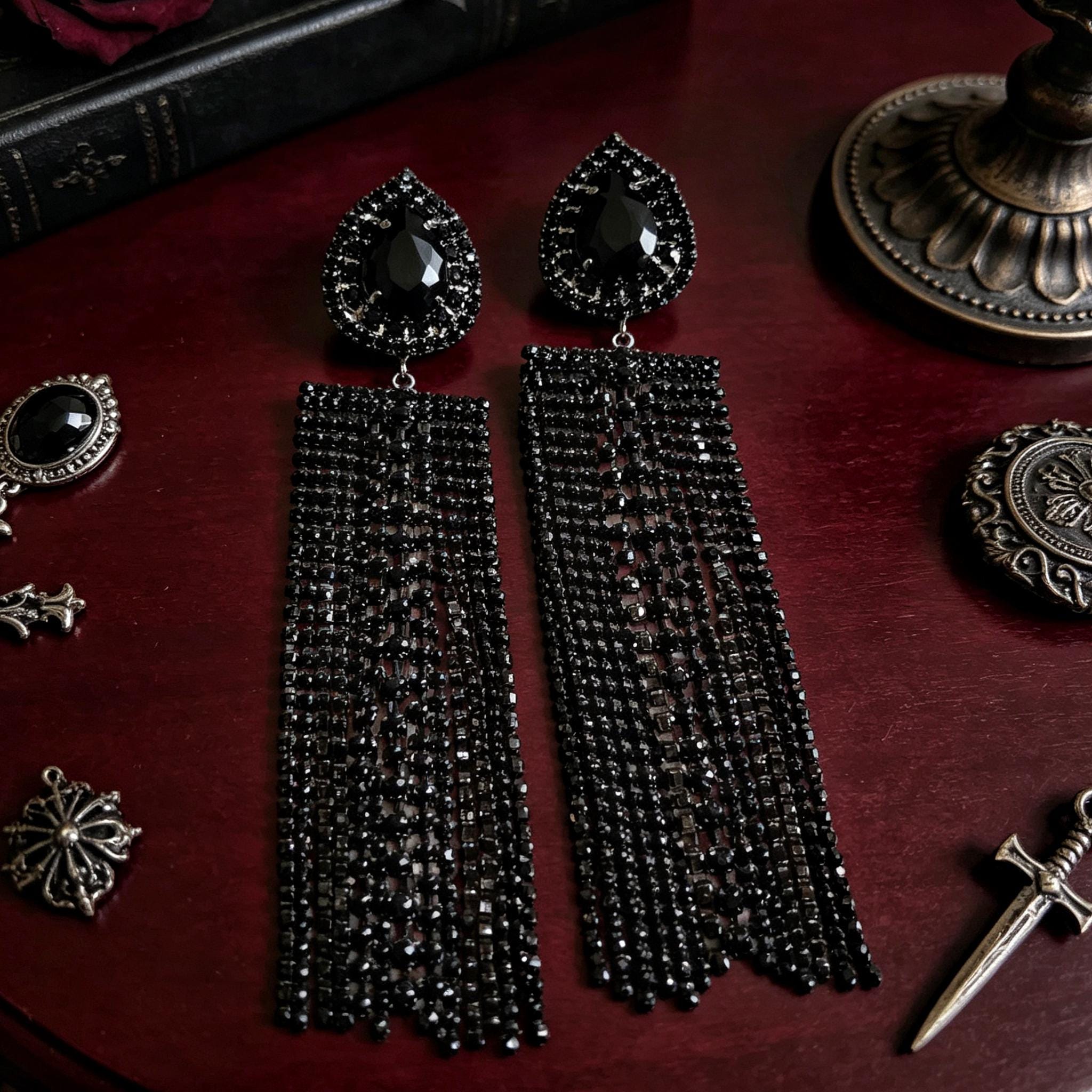 MourningGardenStudio Victorian Vampire Chandelier Earrings Black Crystal Tassel