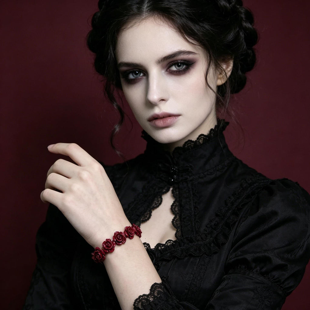 MourningGardenStudio Gothic Rose Carved Cinnabar Beaded Bracelet